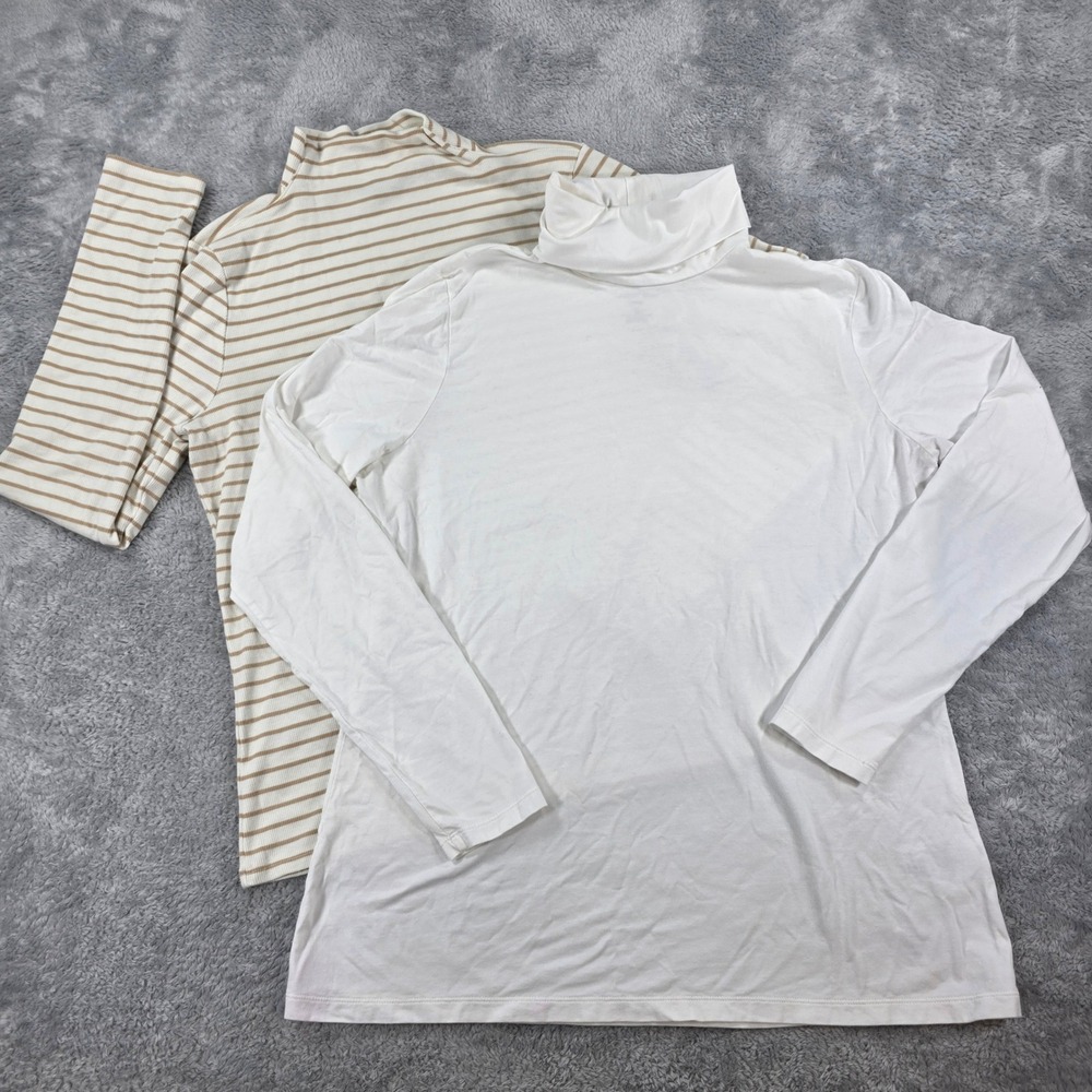 Lands' End Mock Turtleneck Striped Solid Tops White Tan M Women Layering Bundle